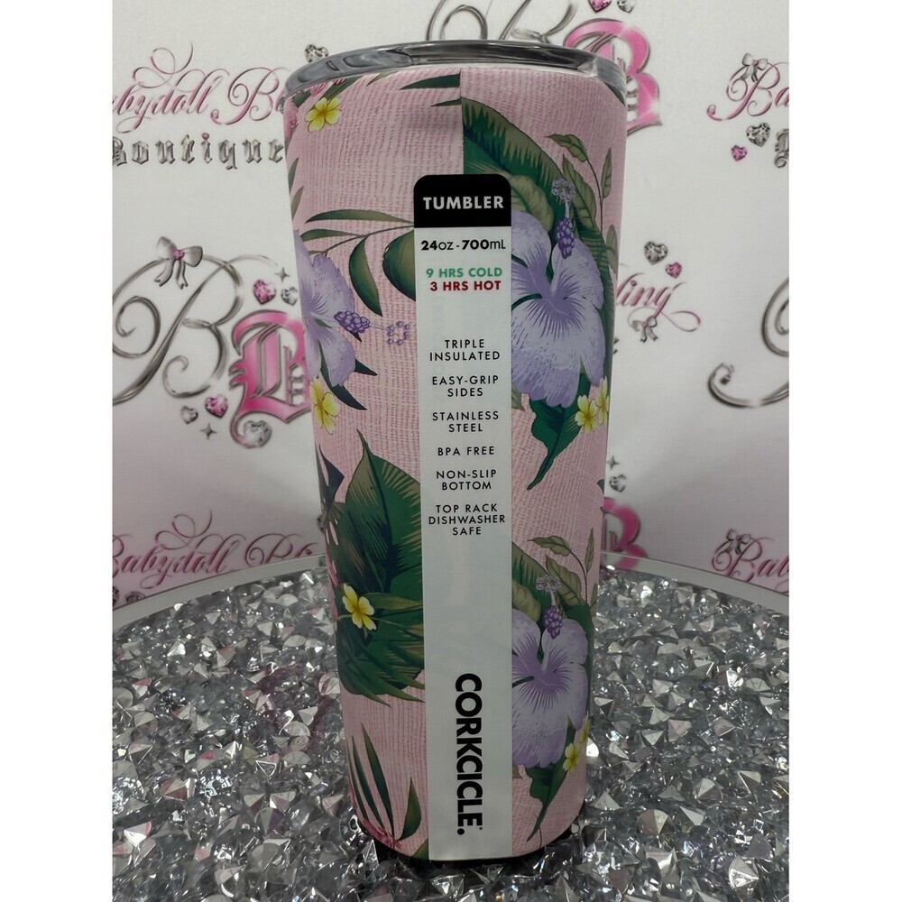 Corkcicle tumblr 700ml Pink Floral Stainless Steel Tumbler with Green Leaves
